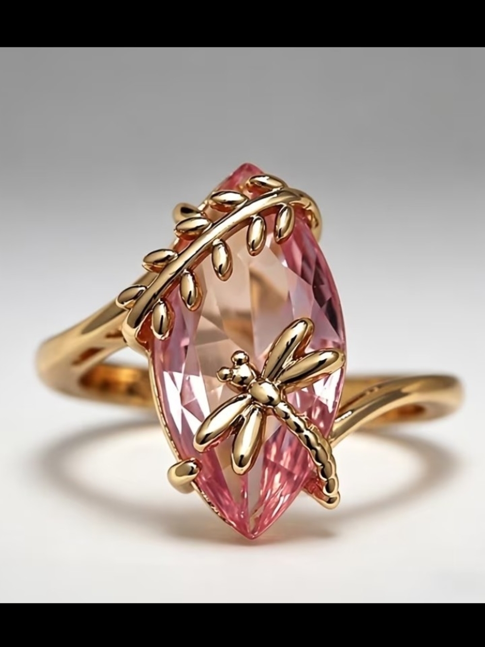 Gold Dragonfly Ring with Pink Marquise Crystal CHUNKY & Bold